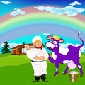 Cheerful milkman and purple cow