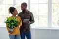 Cheerful millennial african american man and woman look at each other hold tablet and plant on window background