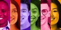 Cheerful millennial multiracial males and females on colorful backgrounds in neon light