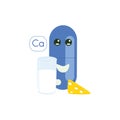 Cheerful mineral calcium in capsule with milk and cheese, tablet character for children, illustration in flat style