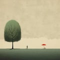 Cheerful Minimalist Digital Art: A Person Walking By A Tree With Umbrella