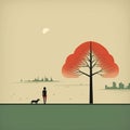 Cheerful Minimalist Illustration Of A Girl And Her Dog In Dreamlike Landscape