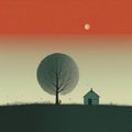 Cheerful Minimalist Illustration: House, Tree, And Orange Sky