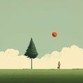 Cheerful Minimalist Illustration: Man Flying Ball Next To Tree