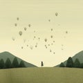 Cheerful Minimalist Landscape With Hot Air Balloons