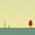 Cheerful Minimalist Scene With Two People And Red Tree