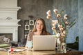 Cheerful Model Woman Using Computer