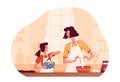 Cheerful mom and daughter cook together at home in the kitchen. The concept of happy motherhood and joint activities