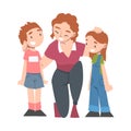 Cheerful Mom Hugging her Little Daughter and Son with Tenderness, Maternity Love Concept Cartoon Style Vector