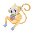 Cheerful Monkey Character with Prehensile Tail Hold Strawberry Vector Illustration