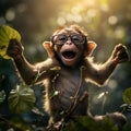 a cheerful monkey with glasses at dawn in the jungle