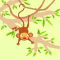 Cheerful monkey hanging on a tree branch. Children`s design. Hand-drawn  illustration. Isolated drawing. Royalty Free Stock Photo