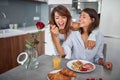 Cheerful morning. Lesbian Couple breakfast. Love, Romance and valentineÃ¢â¬â¢s day concept