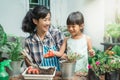 Cheerful mother and daugther while planting