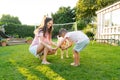 Cheerful mother and son playing with dog, throwing a ball and have fun together. Happy family playing with tennis ball Royalty Free Stock Photo