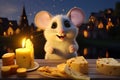 Cheerful Mouse with Cheese and Candle. Created with Generative AI