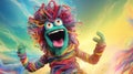 Cheerful multi-colored monster made of threads. Funny yarn toy with big eyes and open mouth with tongue. Cartoon character. Design