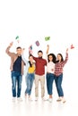 cheerful multicultural group of people smiling with flags of different countries above heads isolated