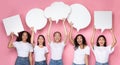 Cheerful Ladies Holding Speech Bubbles Posing On Pink Background, Panorama