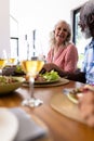 Cheerful multiracial senior couple holding hands while having lunch at dining table in nursing home Royalty Free Stock Photo