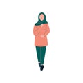 Cheerful Muslim Woman in Hijab, Modern Arab Girl Character in Modern Clothing Vector Illustration