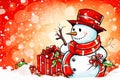 Cheerful New Year\'s Card: Snowman, Festive Ornaments, and Gift Boxes - Generative AI