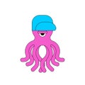 Cheerful octopus in cap. Funny poulpe vector illustration