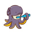 Cheerful octopus cleaning teeth with toothbrush. Purple marine animal with tentacles. Cartoon vector icon
