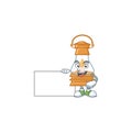 Cheerful oil lamp cartoon character having a board