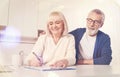 Cheerful old couple signing insurance contract Royalty Free Stock Photo