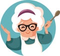 Vector Granny Cooking Holding a Wooden Spoon Vector Mascot