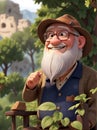 Cheerful old man in glasses with gray beard in the garden taking care of plants, 3d illustration, AI generation Royalty Free Stock Photo