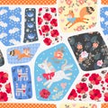 Cheerful ornament in patchwork style for children. Funny foxes, cute cartoon unicorn, cats, birds and bright flowers