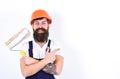 Cheerful painter, decorator on smiling face holds paint roller, white background, copy space. Man with beard in helmet