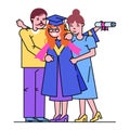 Cheerful parents male female character hug university graduation daughter student, happy friendly family isolated on Royalty Free Stock Photo