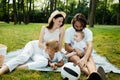 Cheerful parents with two kids dressed in white clothes is sitting on a striped blanket on the lawn on a warm sunny day Royalty Free Stock Photo