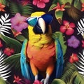 A cheerful parrot in a colorful Hawaiian shirt and sunglasses, ready for a beach vacation4