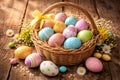 Cheerful Pastel Easter Eggs Arranged In Rustic Basket With Blooming Spring Flowers Royalty Free Stock Photo