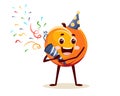 Cheerful peach character in a party hat with a party cracker with confetti. Greeting cartoon card