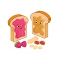 Cheerful Peanut Butter and Jelly Jam on the loaf Bread Sandwiches Cartoon characters and peanuts and raspberries