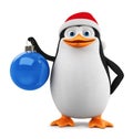 Cheerful penguin in a blue hat and a Christmas ball on a white background. 3D rendering illustration. New Year