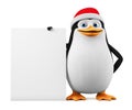 The cheerful penguin holds an empty board on a white background. 3d render illustration