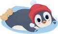 Cheerful penguin lies on Iceboard, winter skiing on snow, illustration with character, cartoon