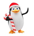 Cheerful penguin in a red hat and candy on a white background. 3D rendering illustration. New Year