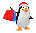 Cheerful penguin in a red hat and shopping on a white background. 3D rendering illustration. New Year