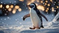 A cheerful penguin walks through snow, surrounded by soft, glowing lights in a winter scene Royalty Free Stock Photo
