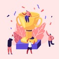 Cheerful People Celebrating Win Laughing with Hands Up around of Huge Gold Cup with Man Sitting on Top. Joyful Colleagues Royalty Free Stock Photo