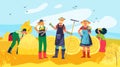 Cheerful people group character together harvest crop, modern farmer working agricultural field haymaking flat vector
