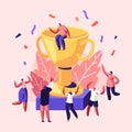 Cheerful People Laughing with Hands Up around of Huge Gold Cup with Man Sitting on Top. Employees Rejoice for New Project Royalty Free Stock Photo