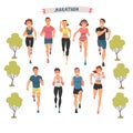 Cheerful People Running Marathon Set, Male and Female Athletes in Sports Uniform Running Outdoors Cartoon Vector Royalty Free Stock Photo